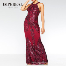 High Neck Maxi Sequin Wine Red Retro Women Long Red Evening Dress